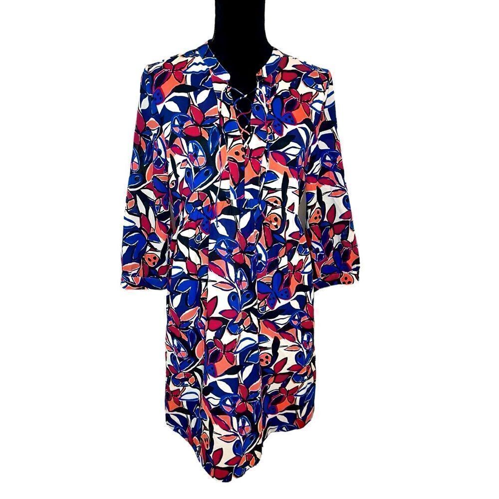 JCREW FLORAL TROPICAL LACE UP EMPIRE WAIST 3/4 SLEEVE DRESS WOMENS SIZE MEDIUM